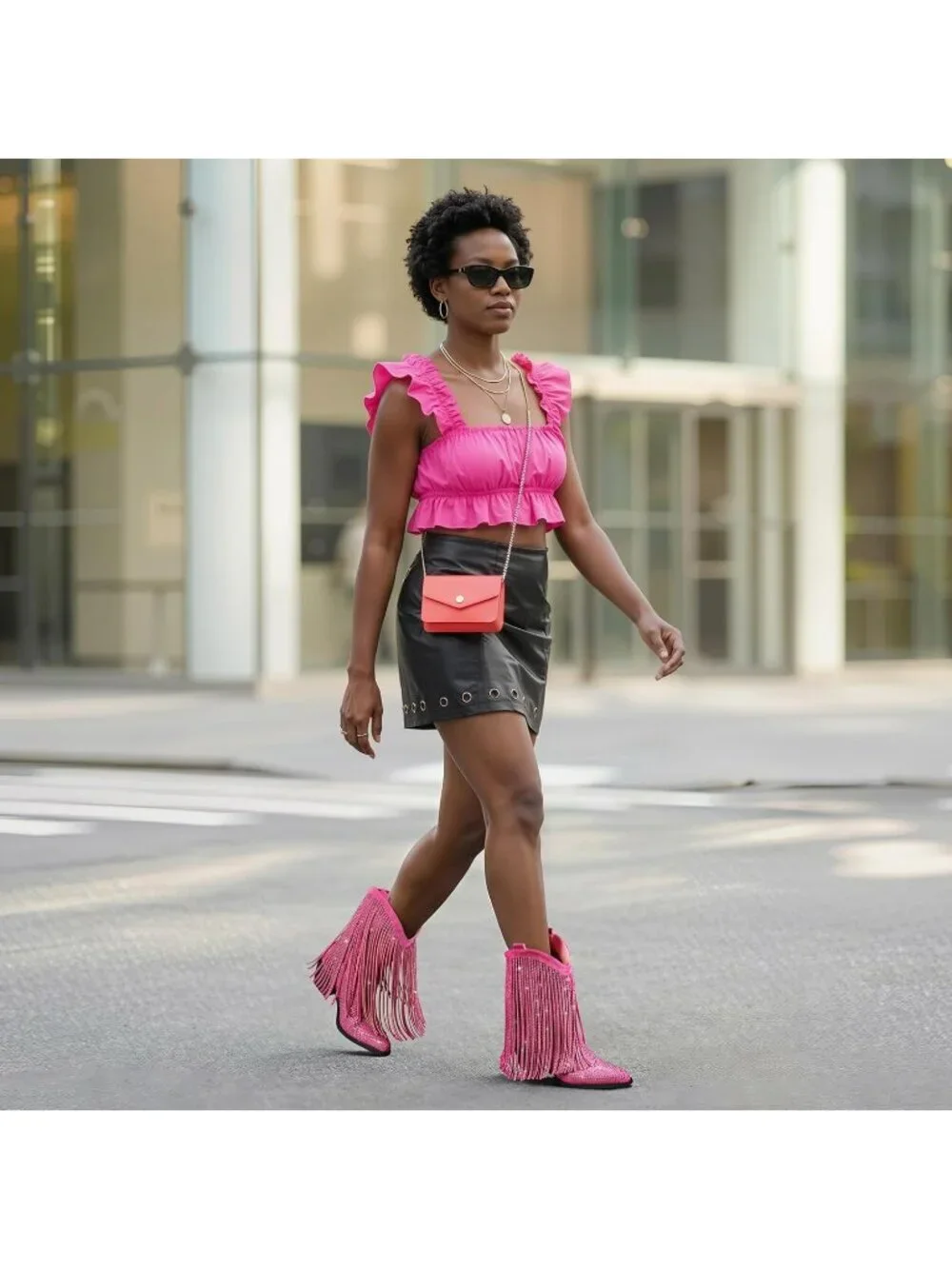 Women's Pink Cowgirl Mid Calf Star Studded Pointed Toe and Chunky Heel Boots - Picture 2 of 6